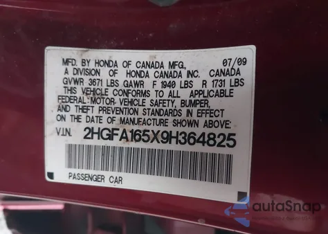 2009 Honda Civic Lx из США, поврежденный, VIN 2HGFA165X9H364825